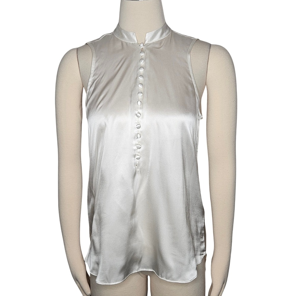 VTG GOSilk Sleeveless Mock‎ Neck Button Front High Neck Top Blouse White Silk S